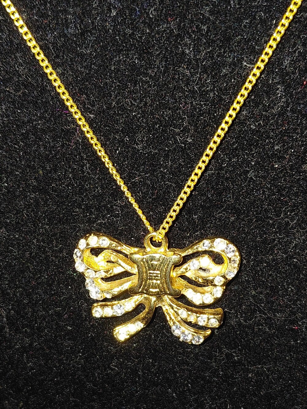 Celine Butterfly Ribbon Triomphe Gold Tone Pave Crystal Necklace! VGC!